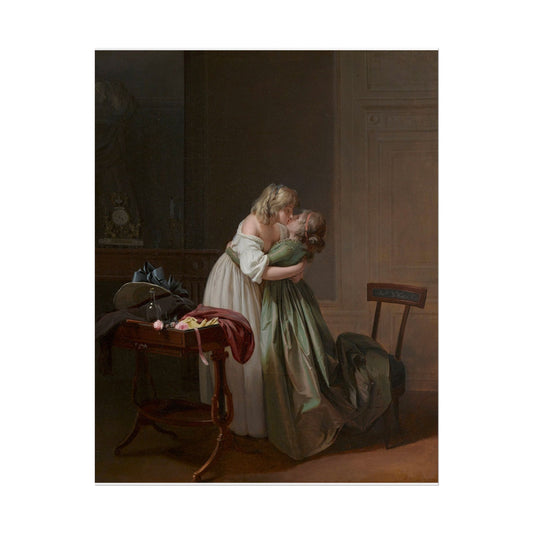 Dos mujeres jóvenes besándose – Impresión clásica enmarcada para pared | Pintura Vintage Romántica