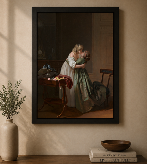 Dos mujeres jóvenes besándose – Impresión clásica enmarcada para pared | Pintura Vintage Romántica